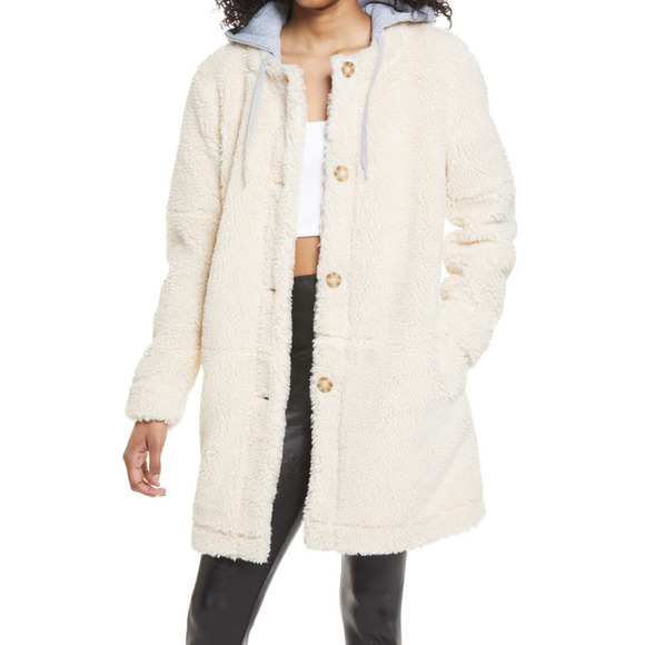 BP. NWT Hooded Tan Memoir Teddy Coat Jacket  Button Up Size XS gray removable - Picture 1 of 15